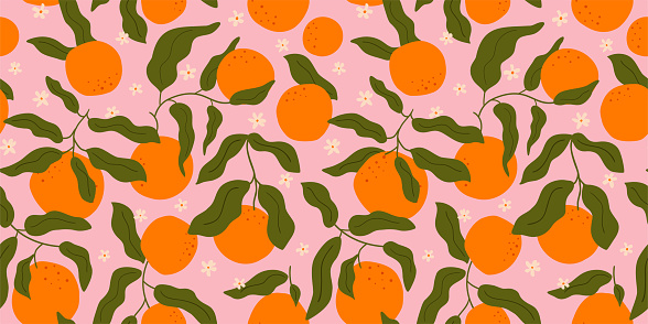 Orange fruit seamless pattern in abstract Fauvist style. Tropical summer fruit on pink background. Citrus, curve leaves, tiny flowers print. Hand drawn vector fabric design, summer textile, wallpaper.