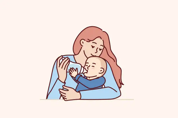 Vector illustration of Woman kisses baby while feeding artificial milk from bottle to advertise nutrition for newborns