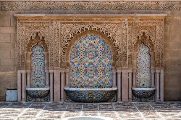 Photo of Scenic oriental decorated fountain at the mosque of the Hassan quarter in Rabat