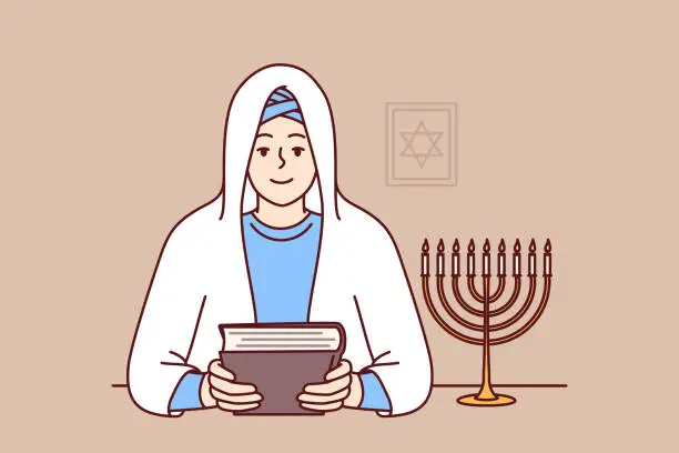 Vector illustration of Jewish woman rabbi in white veil, holds torah in hands and sits near image of star of david