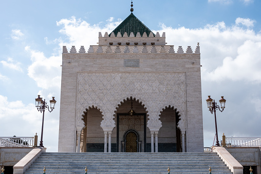 Iconic mausoleum of the Moroccan kings Hassan II. and Mohammed V. at the Hassan quarter in Rabat
