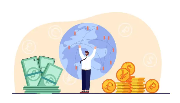 Vector illustration of Tiny businessman with huge banknotes, coins and globe