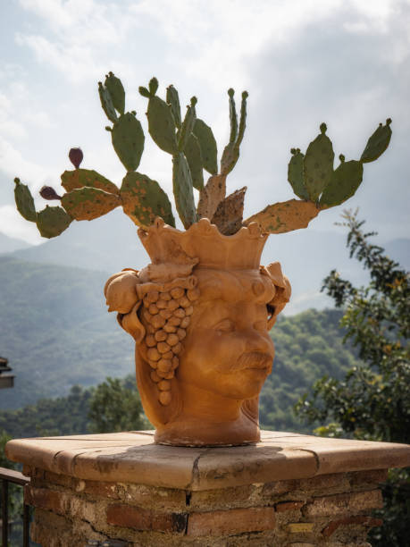 testa di moro mouros tradicionais cabeça planta cerâmica em savoca sicília itália - heath ceramics - fotografias e filmes do acervo
