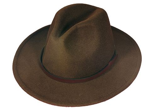 Winter wide brim leather hat, isolated on blank background. Front view.