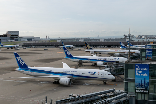 All Nippon Airways Boeing 787-9 Dreamliner aircraft with registration JA888A parked at Tokyo Haneda International Airport in May 2023.