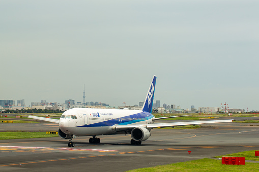 All Nippon Airways Boeing 767-831ER aircraft with registration JA611A taxiing at Tokyo Haneda International Airport in May 2023.