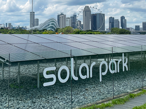 Solar Park, Marina Barrage, Singapore - February, 11 2023: Stock photo showing close-up view of rows of photovoltaic (PV) panels at The Solar Park, Marina Barrage, Singapore.