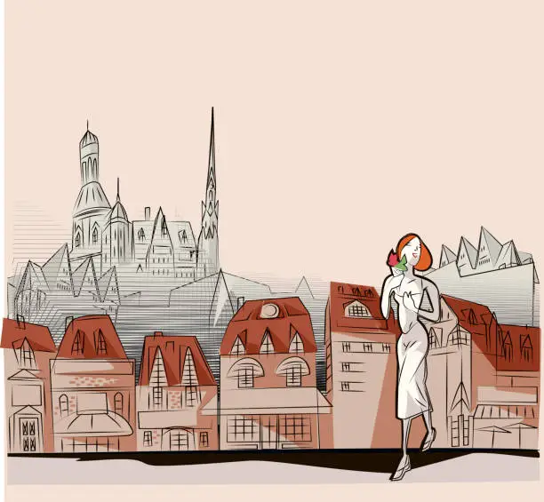 Vector illustration of a woman and the historical European city behind her