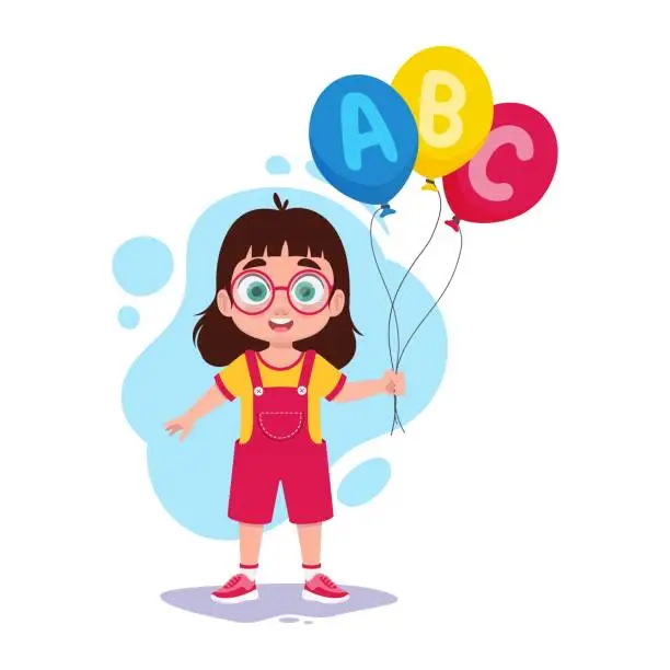 Vector illustration of Cute girl with balloons, balloons with letters