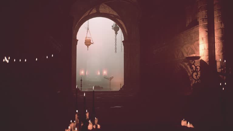 Dimly lit gothic temple flickering candles