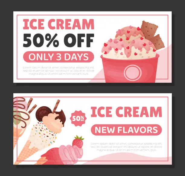 Vector illustration of Tasty Ice Cream Banner Design with Frozen Dessert in Waffle Cone and Cup Vector Template