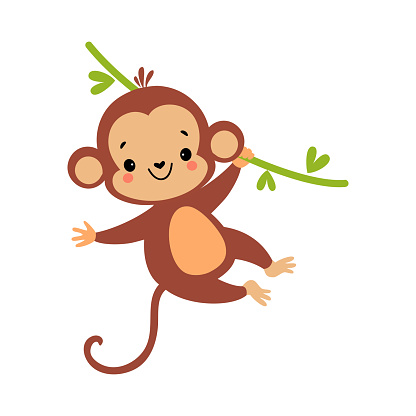 Cute Playful Monkey with Long Tail Hanging on Liana Vector Illustration. Funny Brown Ape with Protruding Ears Enjoying Tropical Life