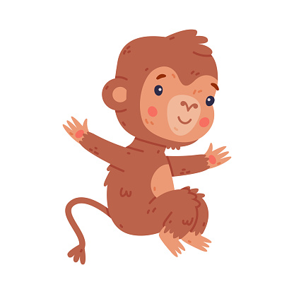 Funny baby monkey happily jumping. Cute African tropical animal cartoon character vector illustration isolated on white
