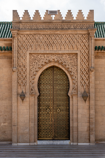 Scenic oriental decoration of a gate at the mosque of the Hassan quarter in Rabat, Morocco