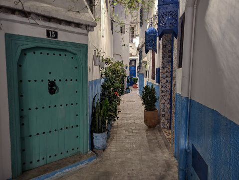 Typical narrow alley in the Kasbah district in Tangier, Morocco