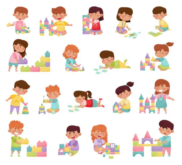 Vector illustration of Children Playing Toy Blocks and Jigsaw Puzzle on the Floor Big Vector Set