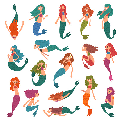 Mermaid or Seamaid with Lush Hair Floating Underwater Big Vector Set. Aquatic Creature with Female Body and Fish Tail Swimming Deep in the Ocean Concept