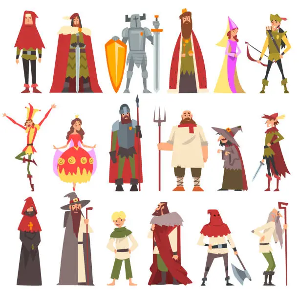 Vector illustration of Medieval People Characters with Peasant, King, Warlock, Knight, Headsman, Archer and Jester Vector Set