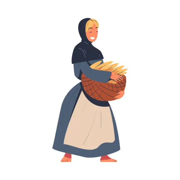 Vector illustration of Young Female Peasant from Middle Ages Wearing Long Dress with Apron Carrying Wicker Basket Vector Illustration