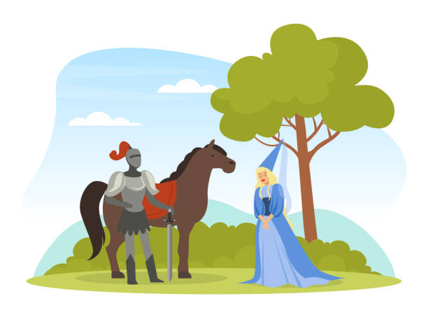 сцена средневековой жизни со средневековым рыцарем в железных доспехах и векторной иллюстрацией знатной придворной дамы - renaissance period stock illustrations
