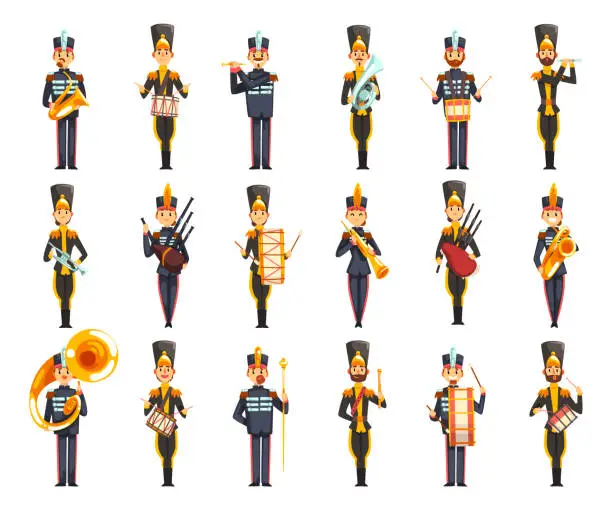 Vector illustration of Marching band orchestra cgharacters wearing uniform playing musical instruments set cartoon vector illustration