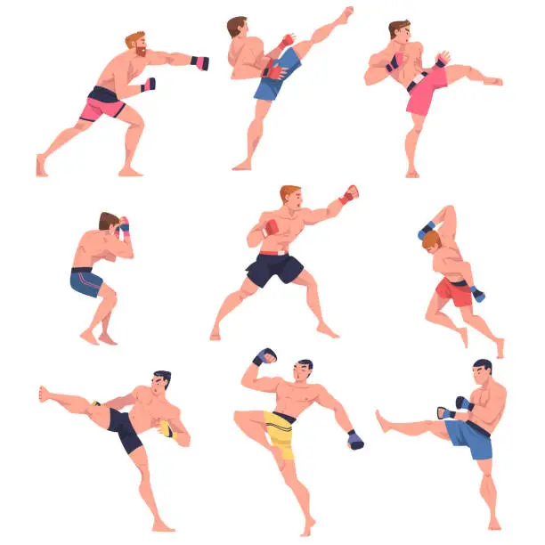Vector illustration of Mixed Martial Arts with Man Fighter in Boxing Gloves Engaged in Full-contact Combat Sport Striking Vector Set