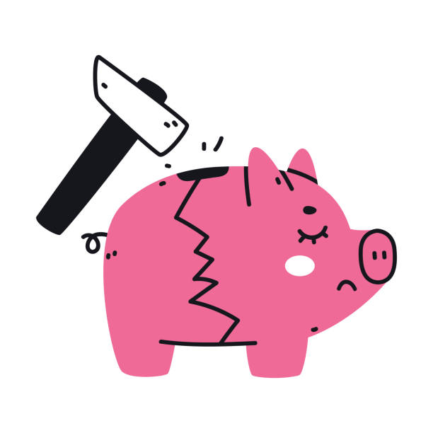 illustrations, cliparts, dessins animés et icônes de hammer breaking pink money box ou piggy bank comme conteneur pour l’illustration vectorielle de stockage de pièces - piggy bank broken empty coin bank