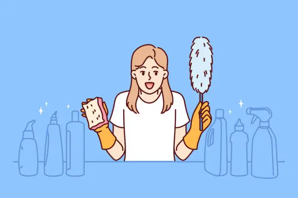 Vector illustration of Cheerful woman housekeeper holds cleaning brush in hands, standing near table with detergents