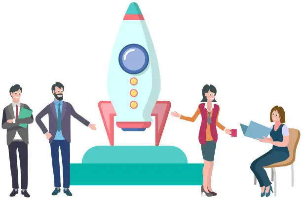 Vector illustration of Business meeting with people and rocket launch. Innovative project flying up rocket. Startup concept
