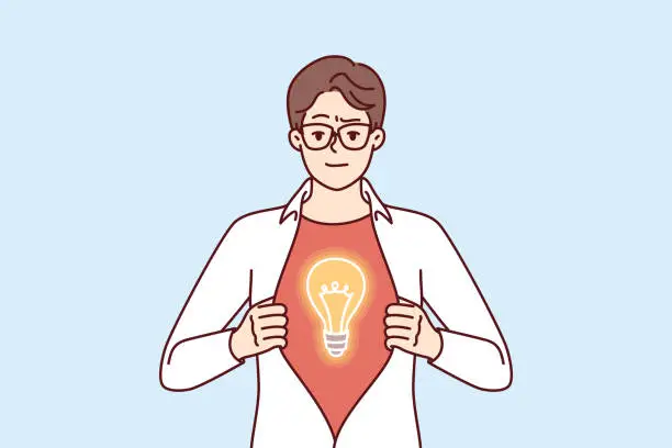 Vector illustration of Businessman with brilliant idea rips shirt on chest showing off superhero costume with light bulb