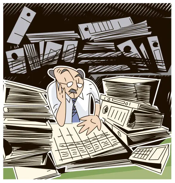 Vector illustration of accountant among paperwork