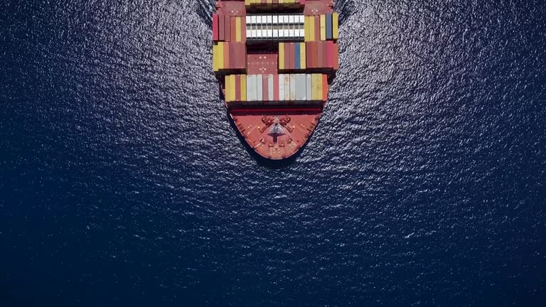 Aerial top down view of a large container cargo ship