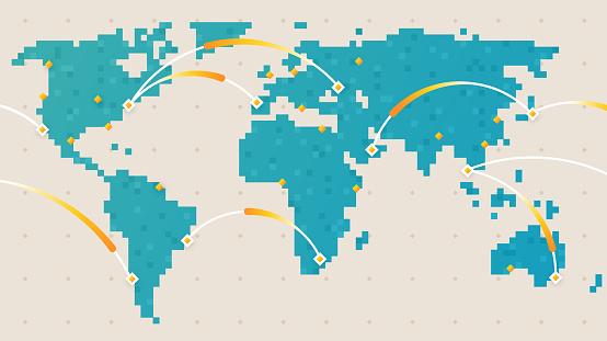 World travel pixel dot movement map city lines.