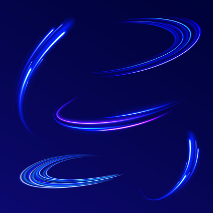 The comet flies blue. Abstract white wave. Vector magic glowing star light effect with neon blurred curved line. Sparkling translucent comet bokeh. The effect of the vortex curve.