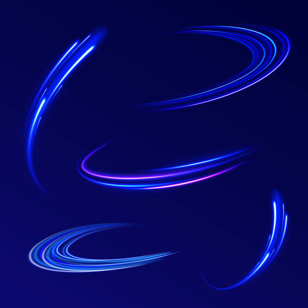 blue_neon line The comet flies blue. Abstract white wave. Vector magic glowing star light effect with neon blurred curved line. Sparkling translucent comet bokeh. The effect of the vortex curve. light speed stock illustrations