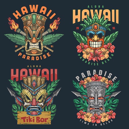 Hawaiian totems colorful set stickers with masks for tropical style bar and invitations for tourists to paradise vacation vector illustration