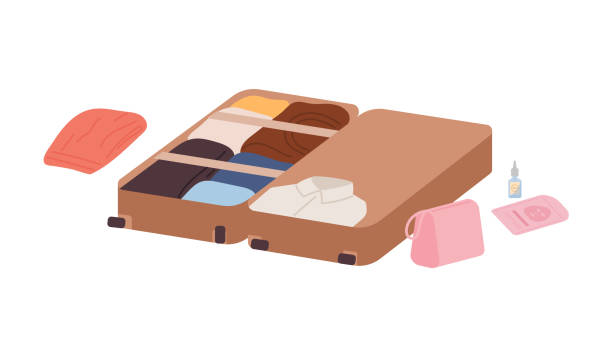 Vector illustration of open suitcase full of clothes, ticket and documents, isolated on white background. Vector illustration of open suitcase full of clothes, ticket and documents, isolated on white background. Comfort travel, tourism, business trip concept in flat design style. Packing baggage, luggage, travel bag with stuff cosmetic bag clip art stock illustrations