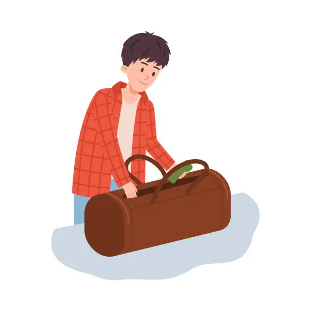 Vector illustration of Man packing clothes in bag, getting ready for business trip, flat vector illustration isolated on white background.