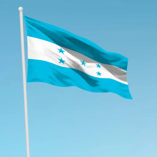 Vector illustration of Waving flag of Honduras on flagpole. Template for independence day