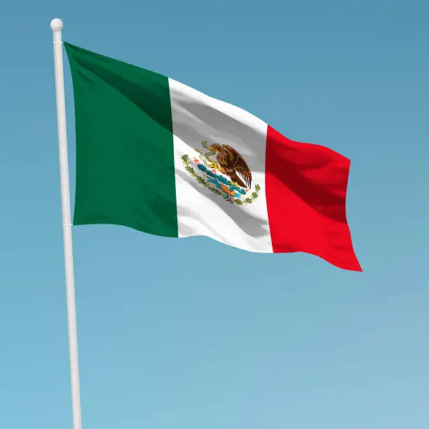 Vector illustration of Waving flag of Mexico on flagpole. Template for independence day