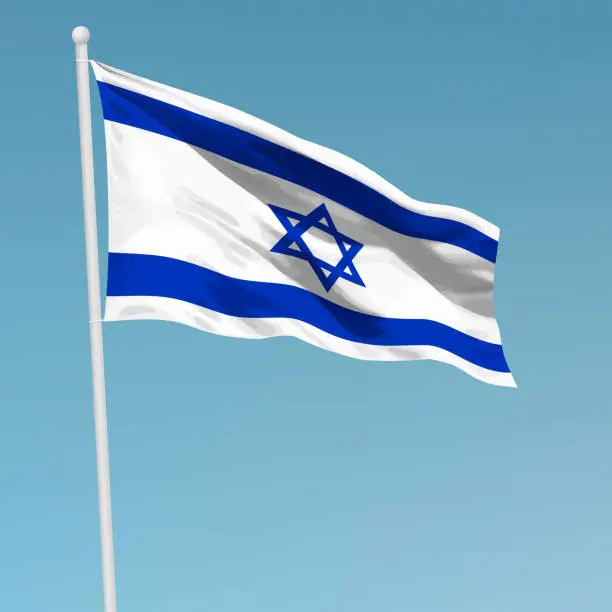 Vector illustration of Waving flag of Israel on flagpole. Template for independence day