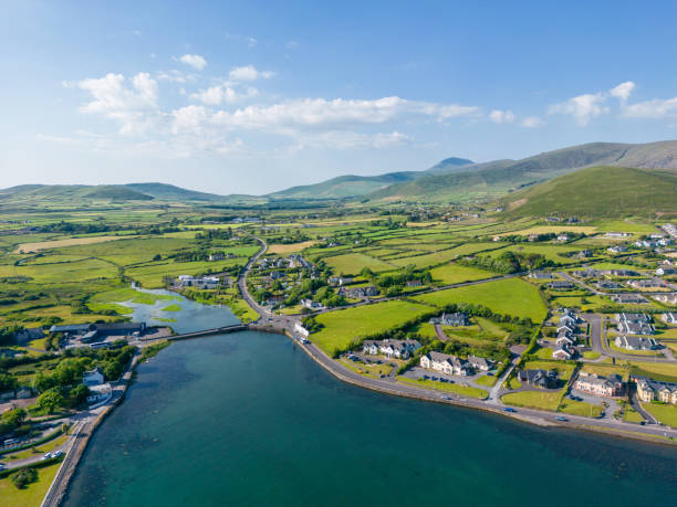 Dingle, County Kerry Ireland - Drone Photo Aerial of Dingle in Ireland County Kerry, including hills, pastures and harbor. dingle peninsula stock pictures, royalty-free photos & images