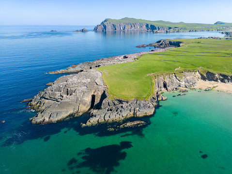 Aerial photo of cliffs and coastline on the Dingle Peninsula in Ireland County Kerry.