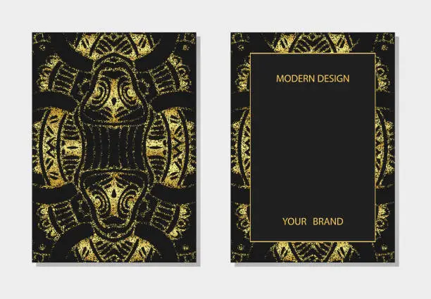 Vector illustration of Cover set, vertical templates. Artistic relief geometric background with 3D pattern, gold texture, space for text. Tribal heritage of the peoples of the East, Asia, India, Mexico, Aztec.