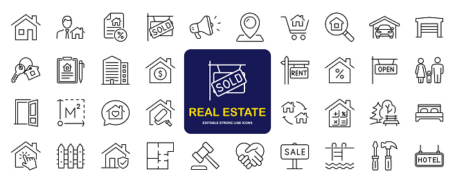 Real Estate  set of web icons in line style. Realty icons for web and mobile app. Purchase and sale of housing, property, rental premises, insurance, realty, home loan, mortgage and more