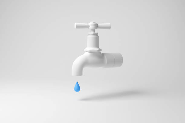 wasserhahn (wasserhahn), der einen blauen wassertropfen mit schatten auf weißem hintergrund im minimalismus tropft. veranschaulichung des konzepts des wassersparens - sustainable resources water conservation water faucet stock-fotos und bilder