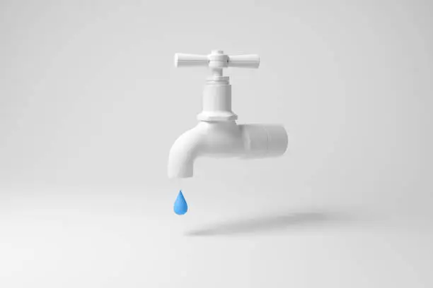 Water tap (faucet) dripping a blue water droplet with shadow on white background in minimalism. Illustration of the concept of saving water