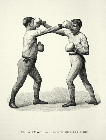 Vintage illustration of two boxers, boxing positions, Double lead off with the right, punch, Victorian combat sports, 19th Century