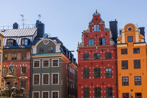 Beautiful view of colorful buildings tops in Old Town area, Stockholm, Sweden.