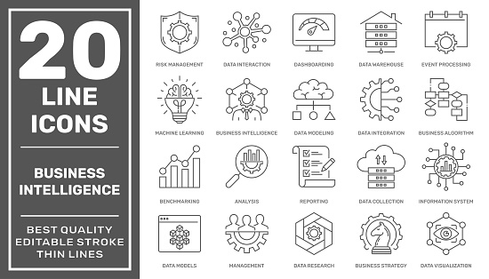 Set of icons related to business Intelligence and business management, such as machine learning, data modeling, development, visualization, risk management, and more. Editable stroke. EPS 10